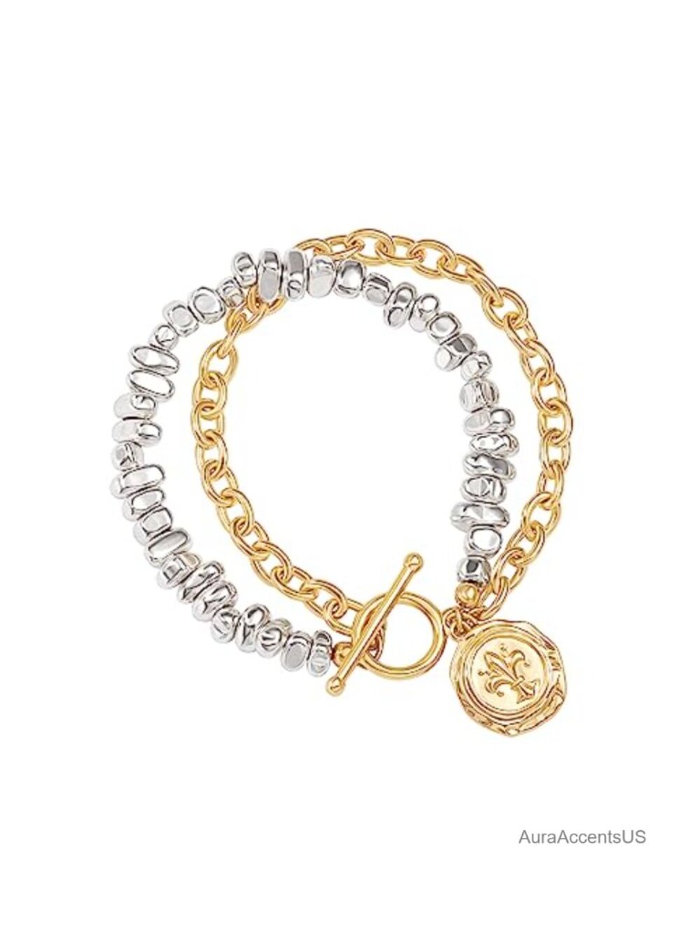 18k Gold Plated Chain Layered Bracelet Coin Charm Toggle Trendy CZ Jewelry